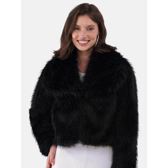 NWT No Boundaries Women’s Faux Fur Feather Jacket Black Soot XL 16-18 - Picture 1 of 9
